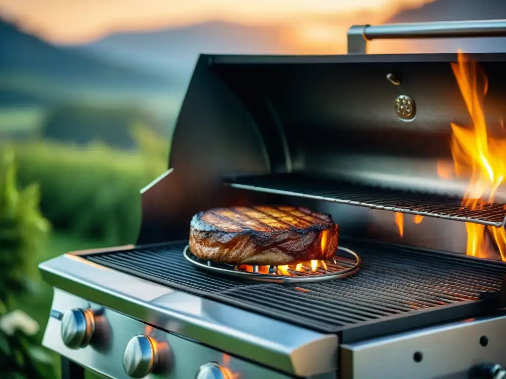 Parrilla de alta gama tecnología en entorno lujoso al aire libre al atardecer