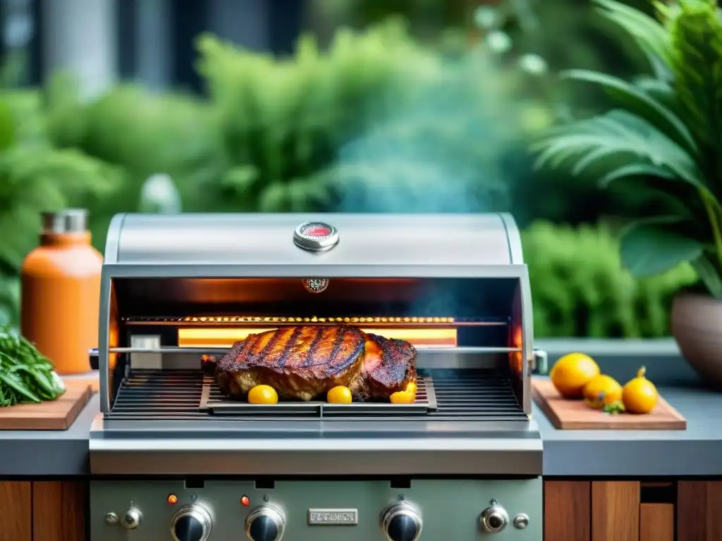 Parrilla de alta gama tecnología en cocina exterior lujosa con diseño moderno y vegetación exuberante