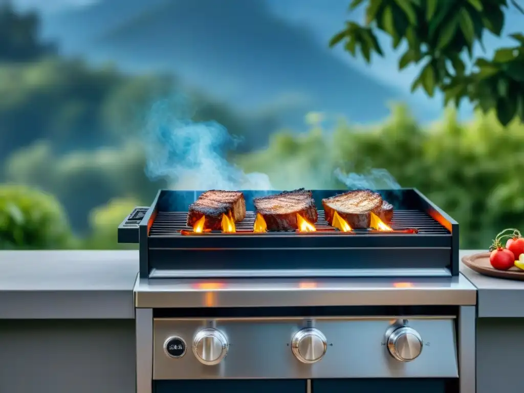 Parrilla de alta gama tecnología iluminada por el sol en un lujoso patio al aire libre