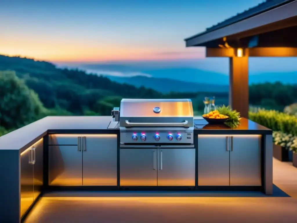 Parrilla de alta gama tecnología iluminando un patio lujoso al atardecer, rodeada de mobiliario elegante y exuberante vegetación