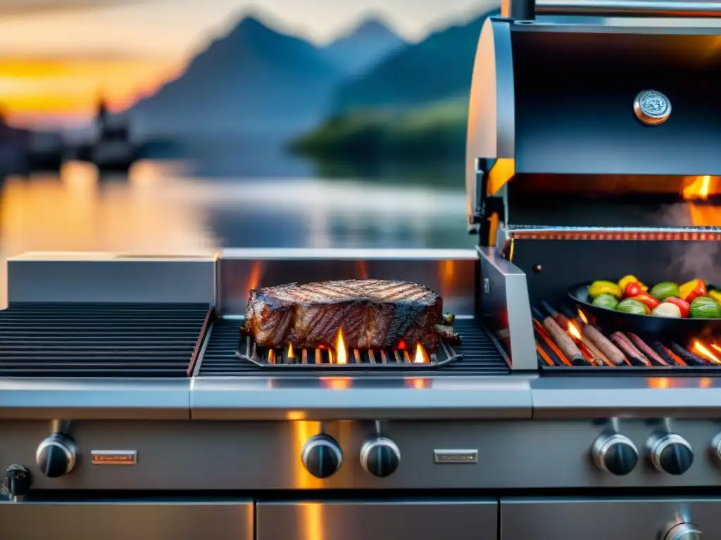 Una parrilla de alta gama con tecnología avanzada y ambiente lujoso al atardecer