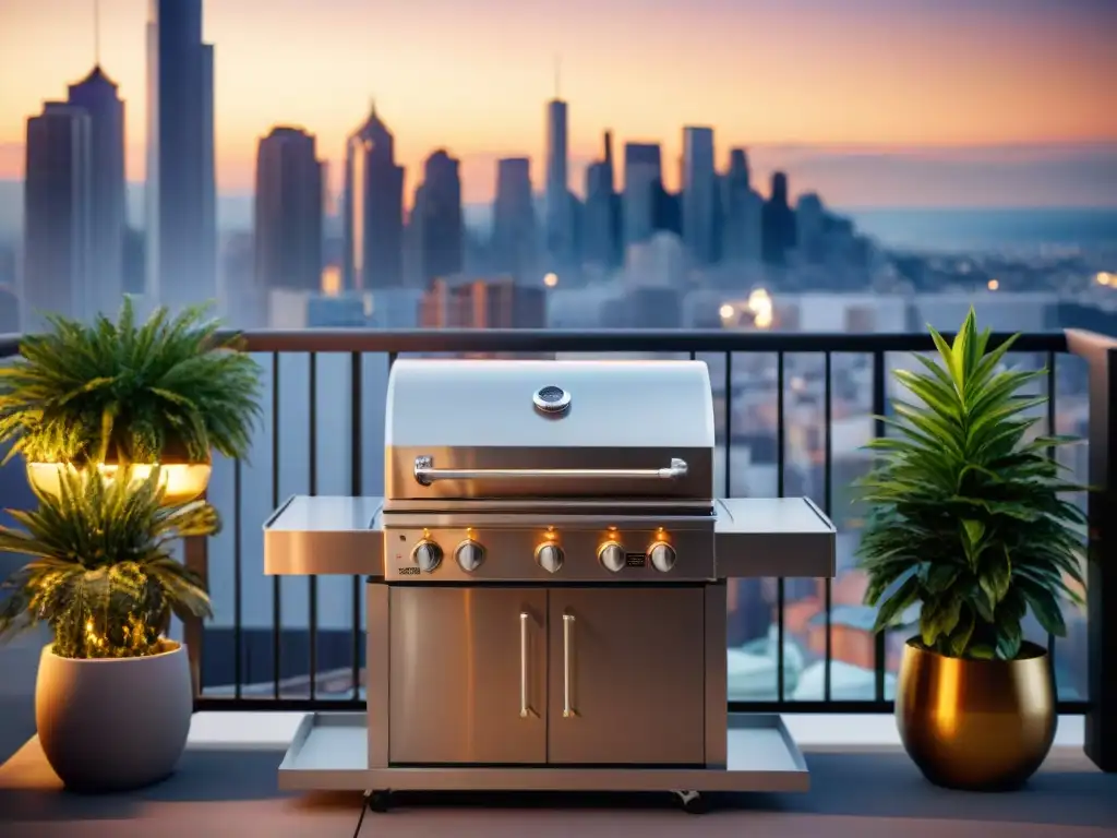 Grill de lujo en balcón urbano al atardecer Parrilla alta gama en balcón urbano al atardecer: decoración chic, acogedora y minimalista