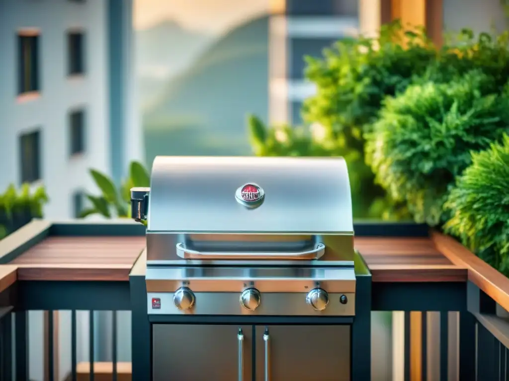 Asombroso grill de acero inoxidable en balcón urbano Parrilla de alta gama en balcón urbano, lujo y funcionalidad en espacios pequeños