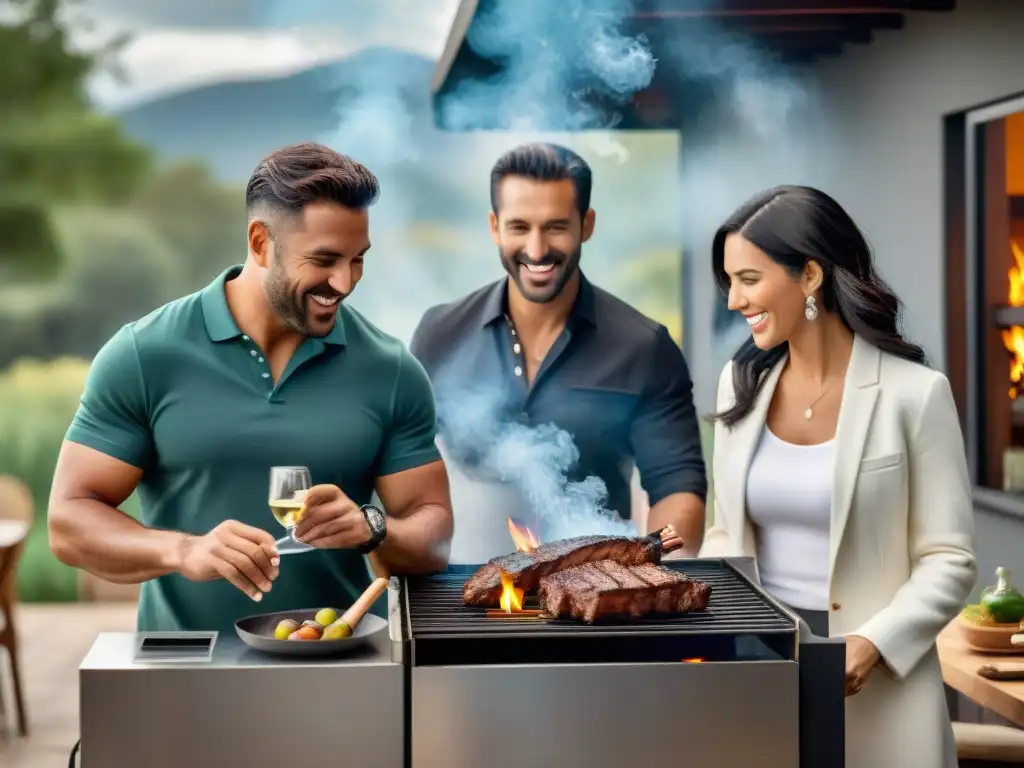 Una parrilla de carbón de alta tecnología en una cocina exterior moderna, con amigos disfrutando de un asado uruguayo y vino