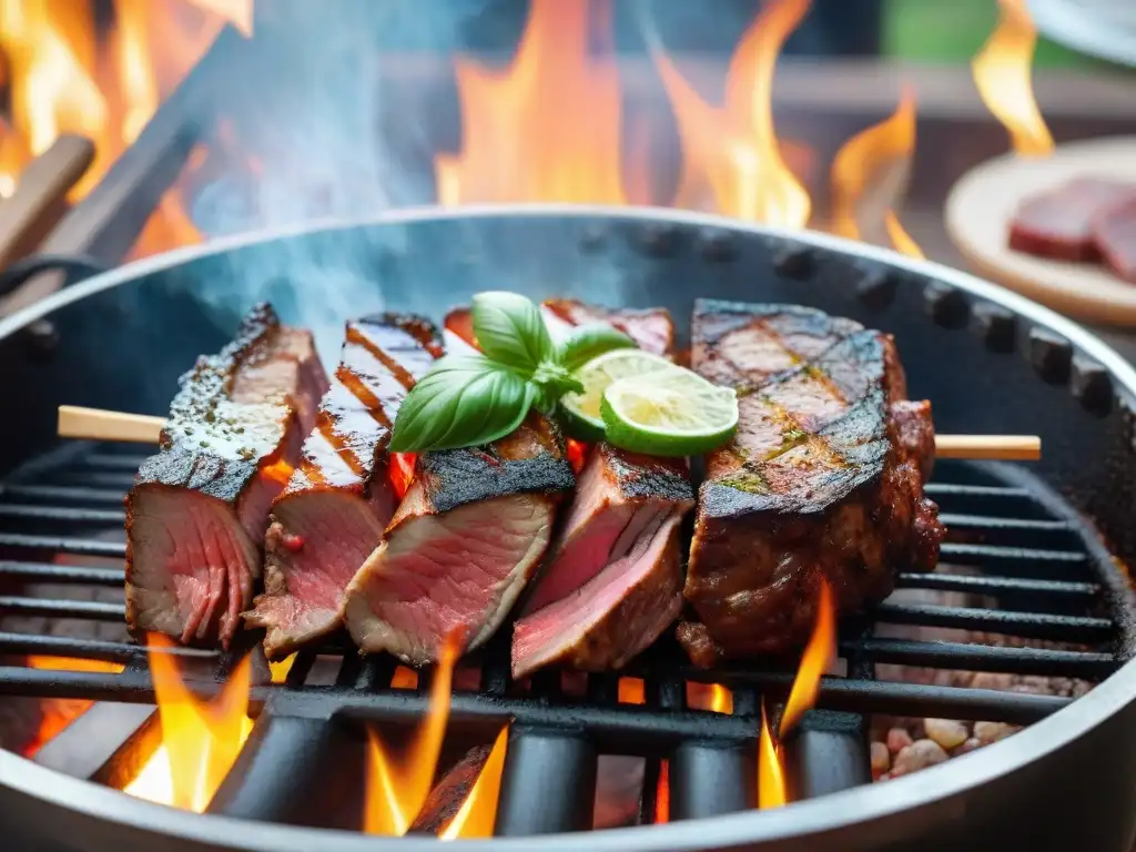 Una parrilla ardiente con exquisitas carnes uruguayas cocidas a la perfección, ideal para asado uruguayo