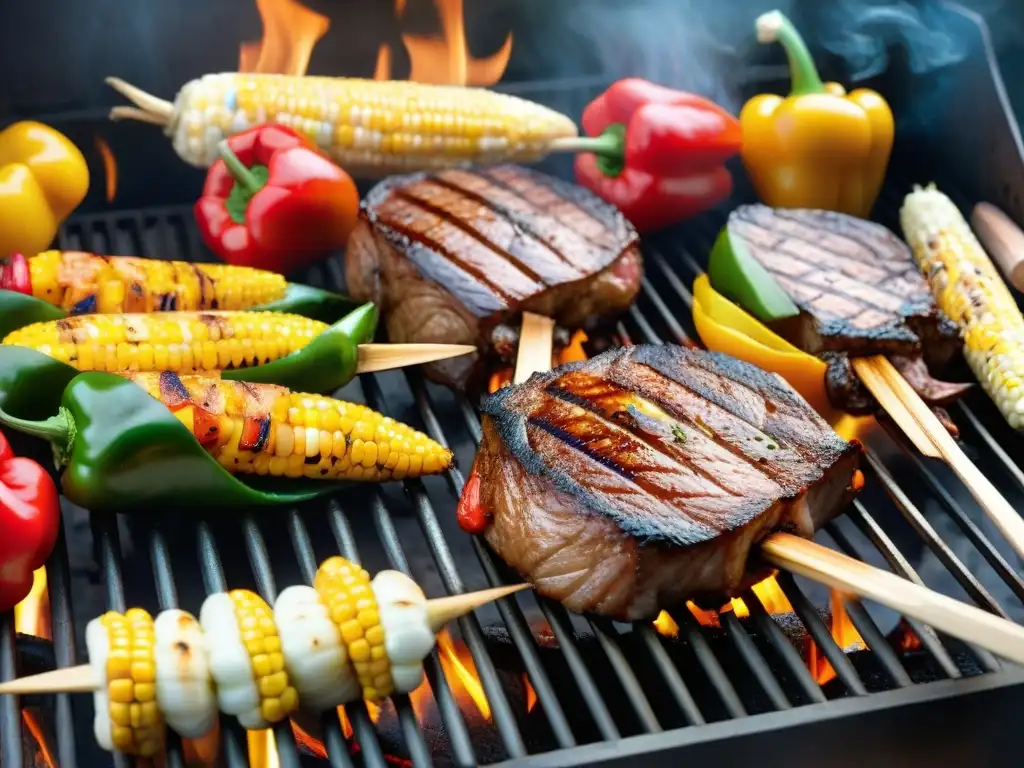 Una parrilla ardiente con suculentos cortes de carne y deliciosos vegetales, emitiendo un aroma tentador