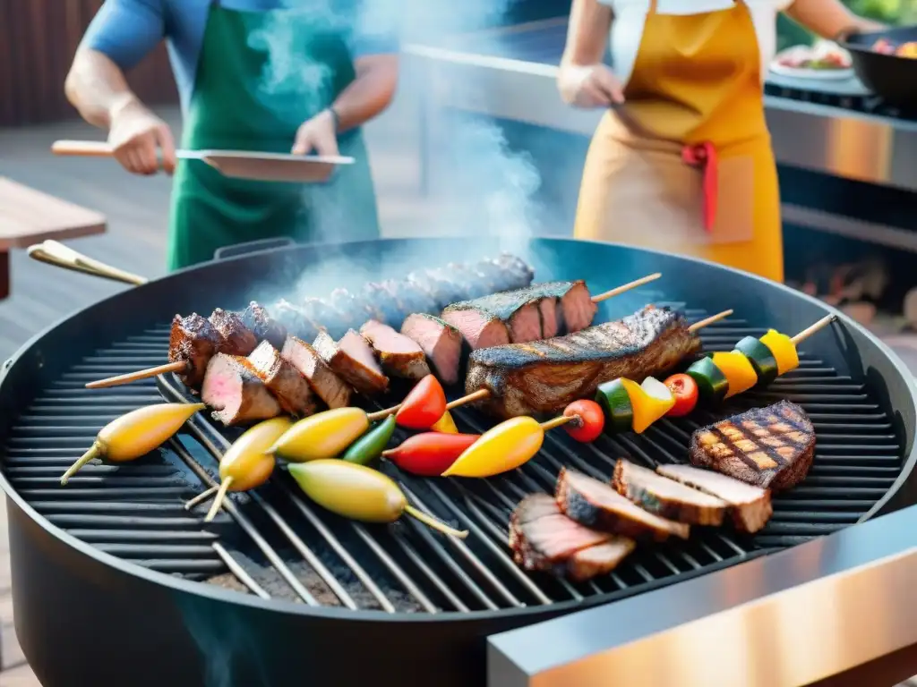 Una parrilla argentina con asado solar paso a paso, carnes y vegetales cocinándose bajo el sol brillante