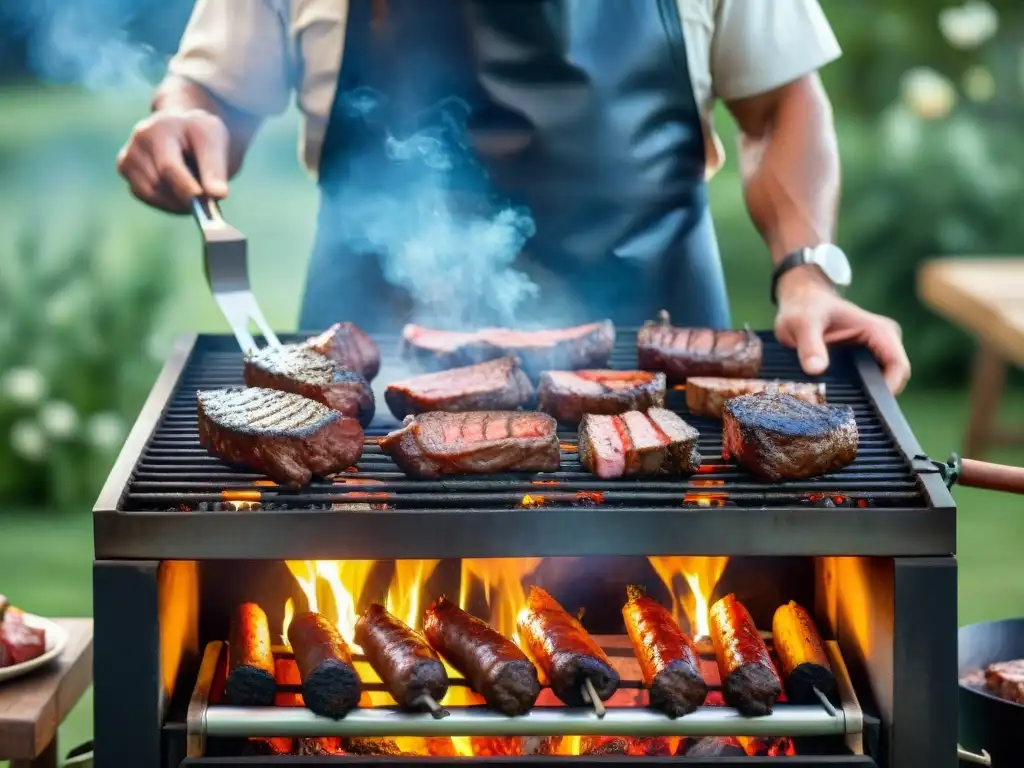 Una parrilla argentina detallada con carne asada perfectamente ahumada, en un ambiente de barbacoa al aire libre