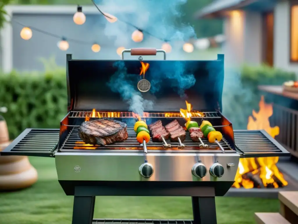 Una parrilla argentina personalizada, con metalurgia detallada y diseño elegante, en un patio con amigos disfrutando de un asado