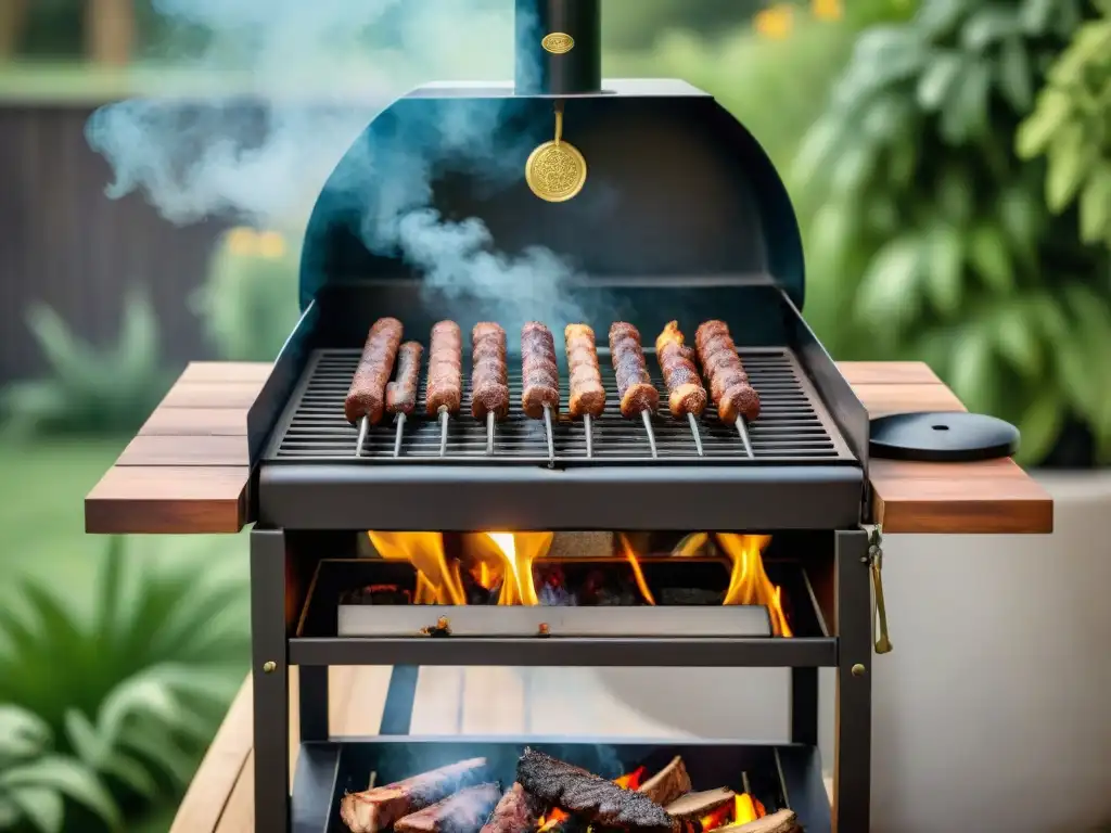 Un parrilla argentina reluciente en un ambiente de asado al aire libre, con herramientas y equipamiento de mantenimiento preventivo