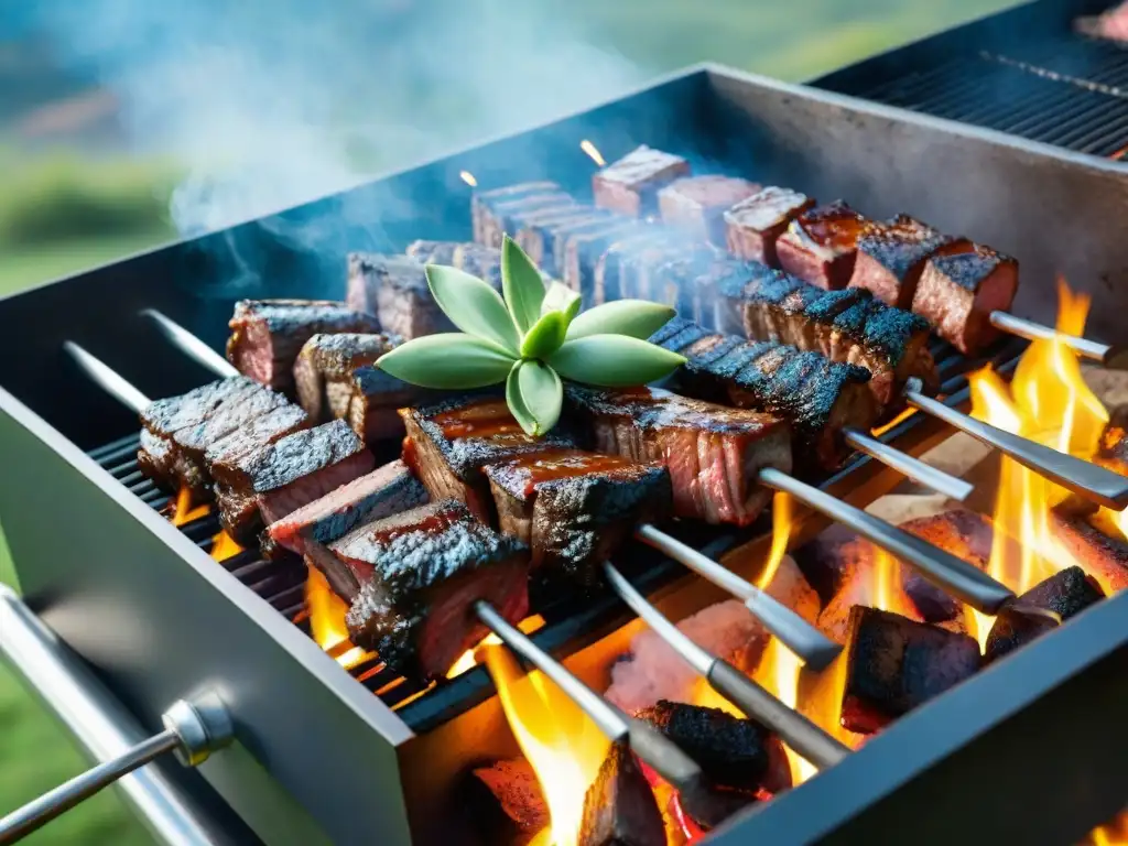 Una parrilla argentina tradicional con cortes de carne cocinando a la perfección sobre brasas incandescentes, en un escenario campestre