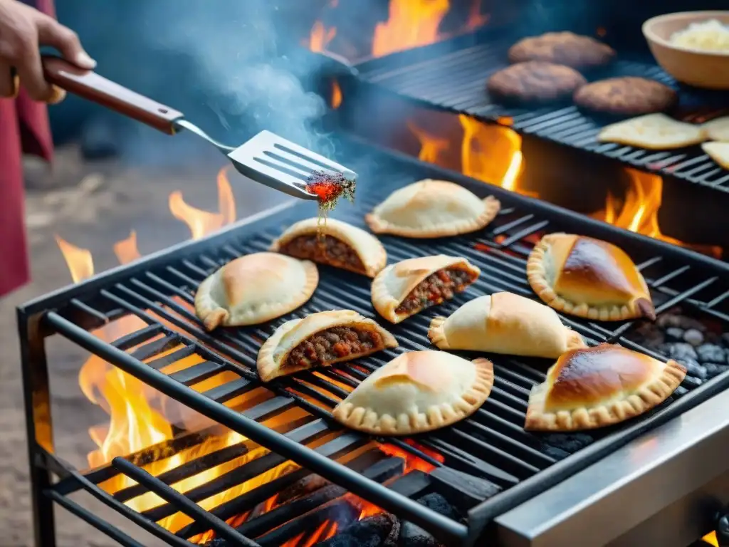 Una parrilla argentina tradicional con empanadas y un gaucho cocinando, evocando autenticidad