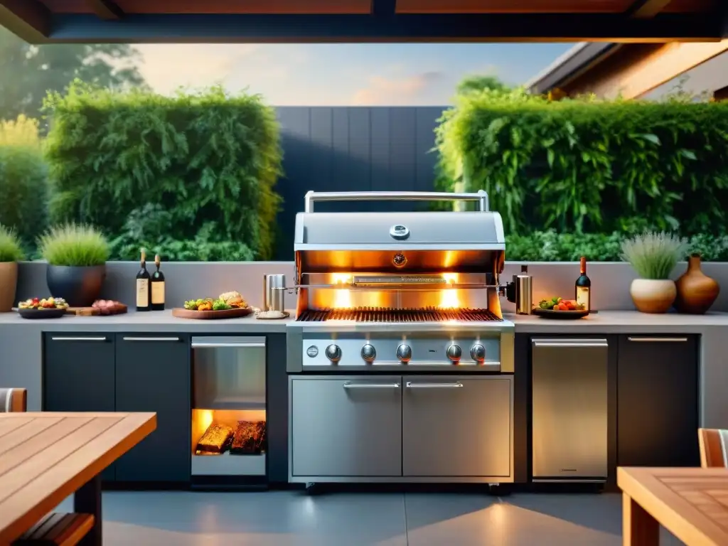 Una parrilla de asado de alta gama innovadora, brillando al sol en un lujoso ambiente exterior