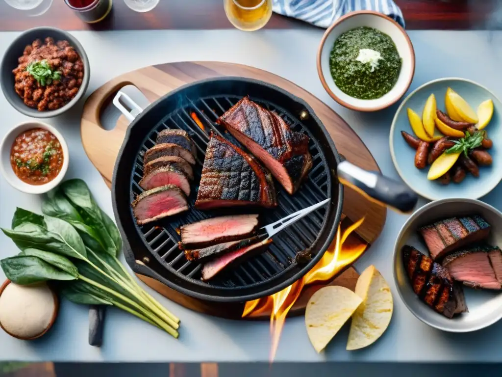 Una parrilla de asado uruguaya cargada de cortes de carne y rodeada de chimichurri y vinos finos, en el campo uruguayo con gauchos