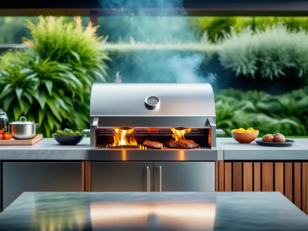 Una parrilla de asado de diseño innovador en un entorno de lujo con muebles modernos y exuberante vegetación