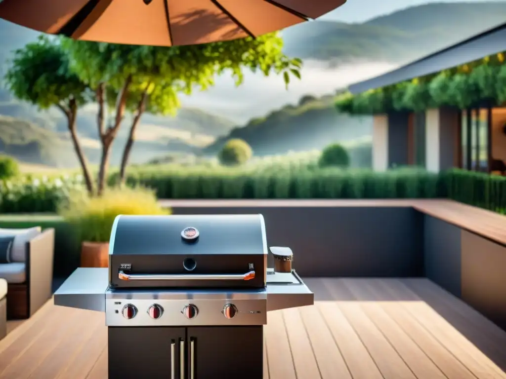 Una parrilla de asado diseño innovador en un lujoso patio al aire libre con vista a viñedos en Uruguay