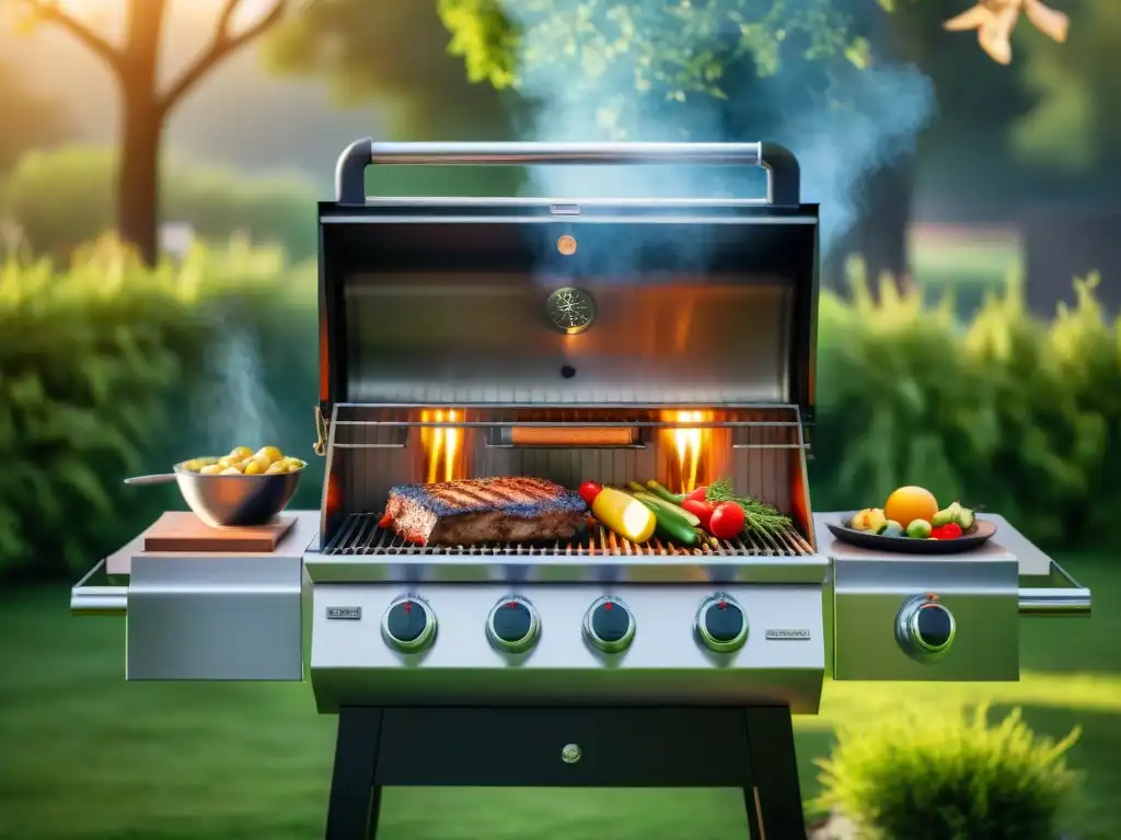 Una parrilla de asado de diseño innovador en un entorno lujoso al atardecer