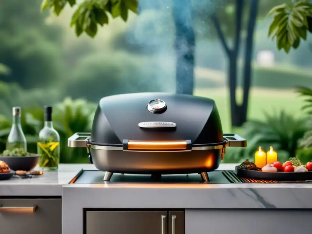 Una parrilla de asado con diseño innovador, acero inoxidable, luces LED y pantalla digital, en una cocina exterior elegante