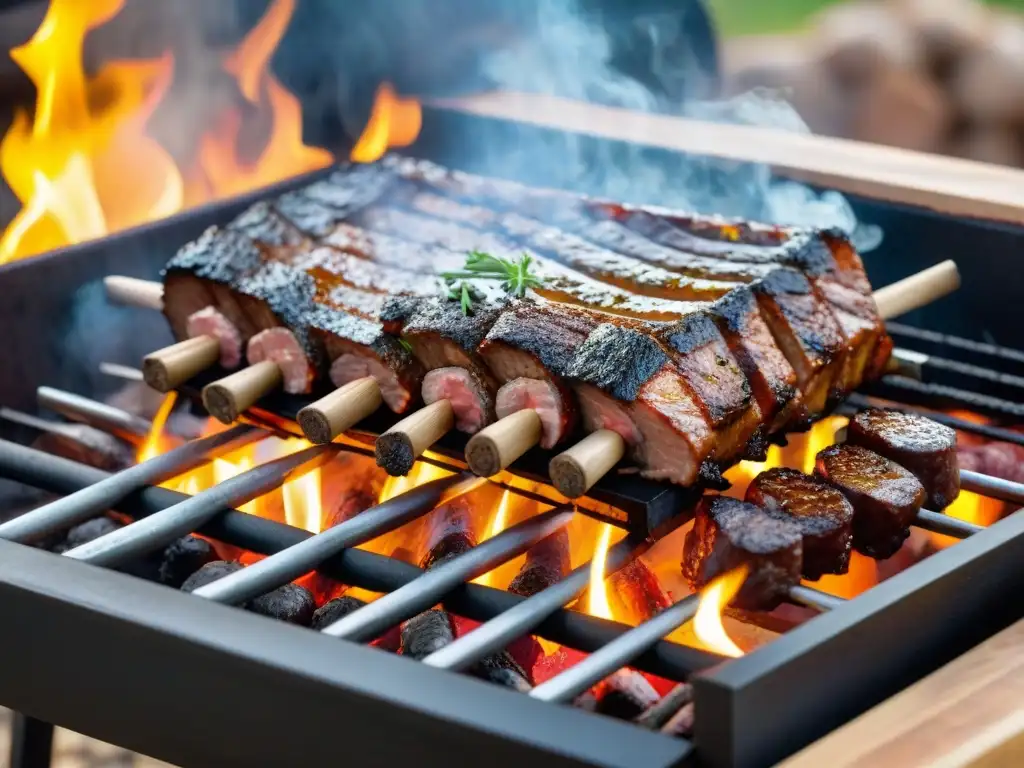Delicioso asado uruguayo: carne a la parrilla en llamas Una parrilla de asado llena de cortes de carne, con fuego y humo danzando