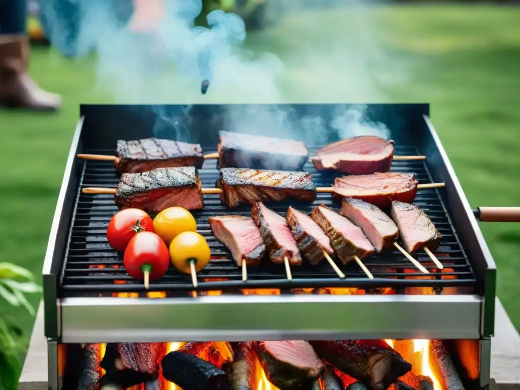 Una parrilla de asado uruguaya tradicional rodeada de amigos en un jardín verde