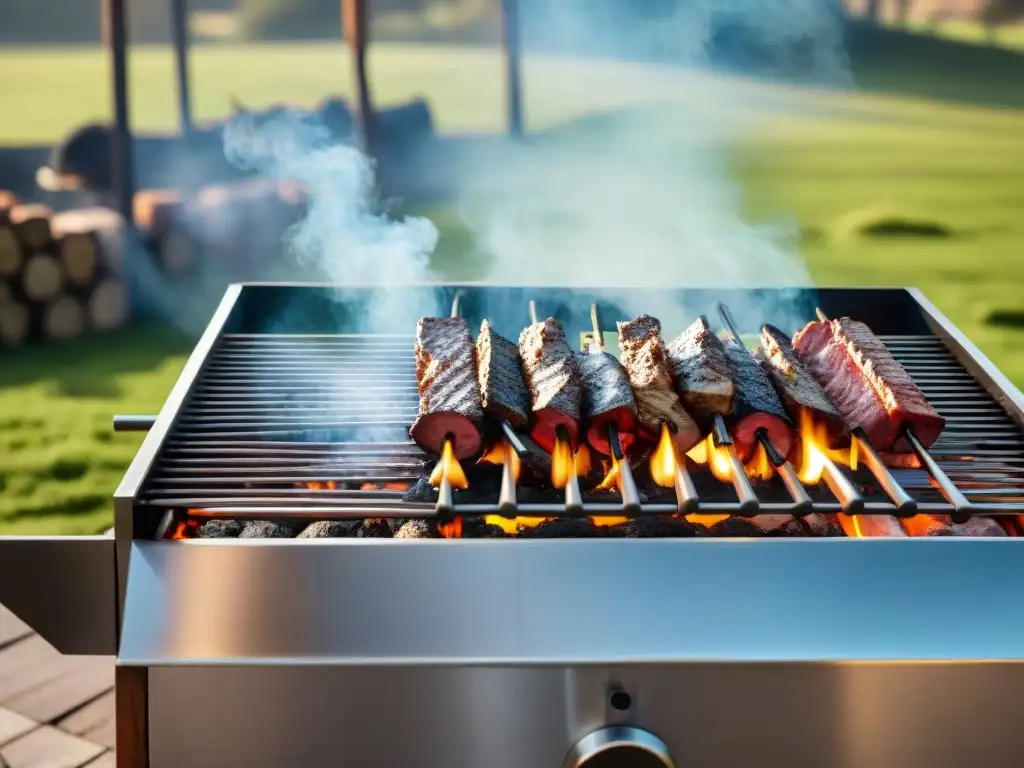 Una parrilla de asado uruguayo de acero inoxidable y madera en un entorno natural