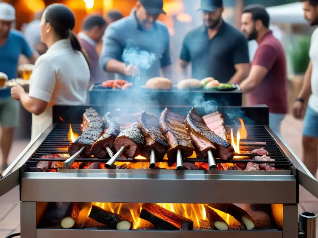 Una parrilla de asado uruguayo cargada de carne y vegetales, rodeada de espectadores