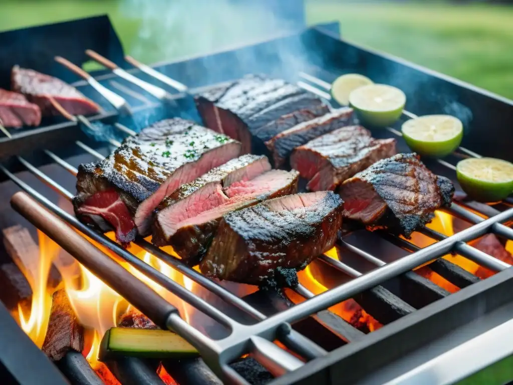 Una parrilla de asado uruguayo con carnes importadas rodeada de naturaleza y amigos entusiastas