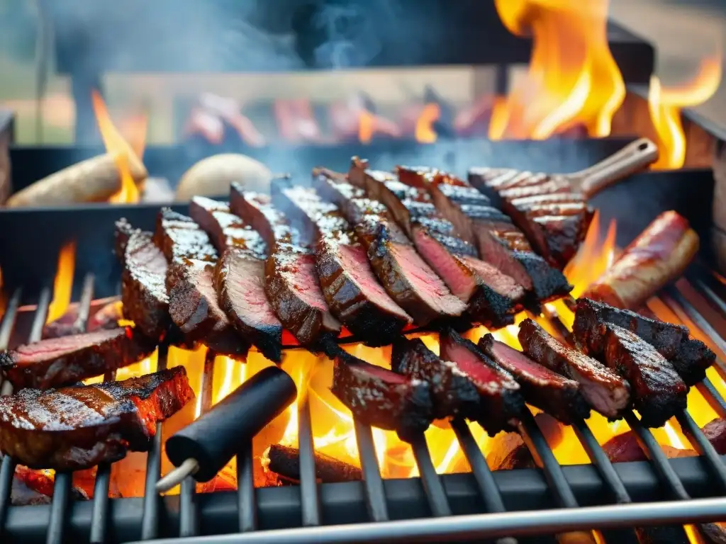 Una parrilla de asado uruguayo con carnes jugosas, rodeada de llamas y humo