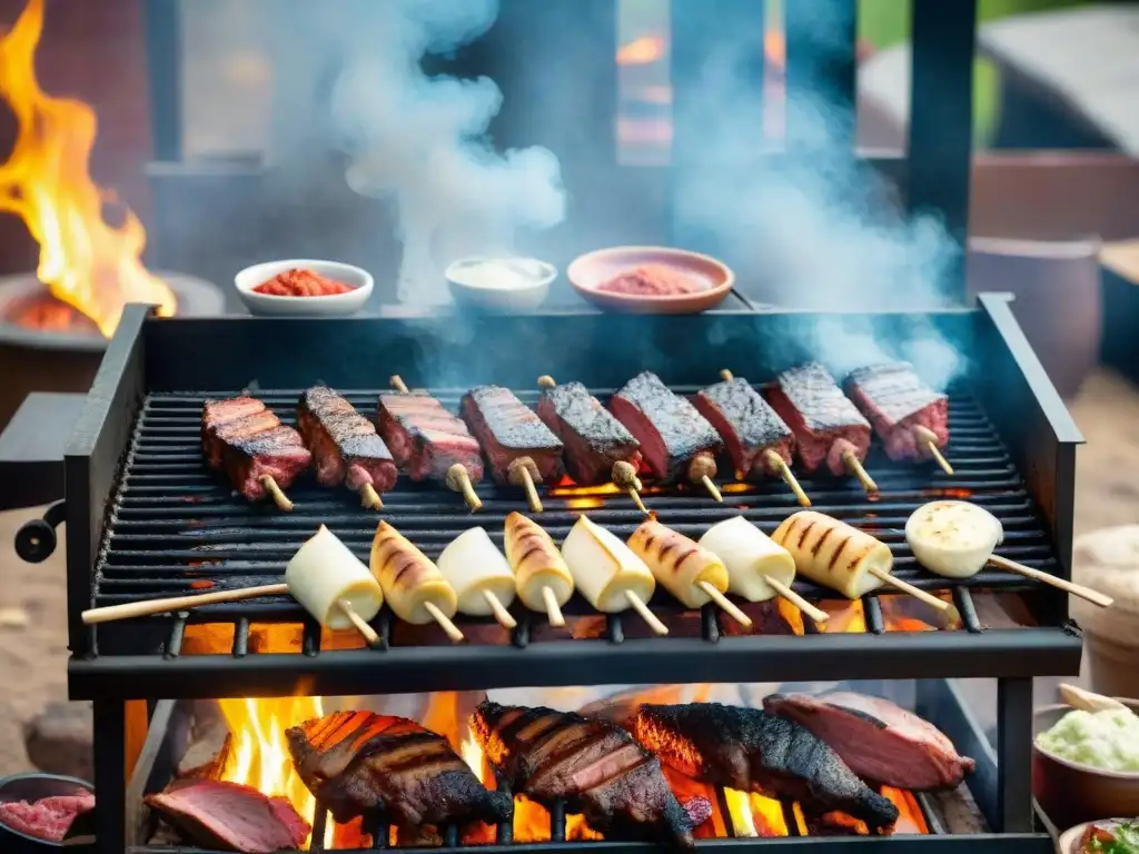 Una parrilla de asado uruguayo con churrasco, morcilla y chorizo, rodeada de humo y brasas, en un ambiente cálido y familiar