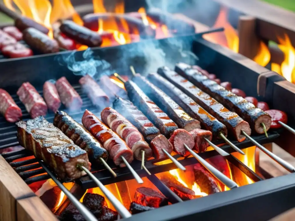 Una parrilla de asado uruguayo con cordero y chorizos, en un entorno rústico al atardecer