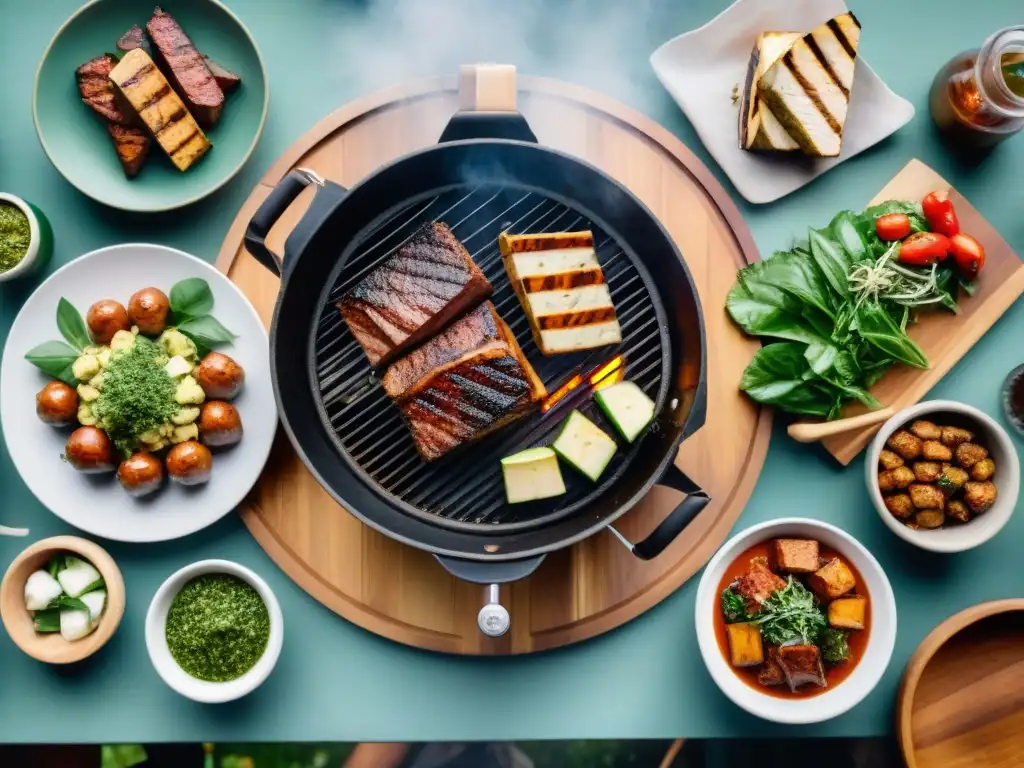 Una parrilla de asado uruguayo con cortes de tofu y tempeh, chimichurri y asistentes