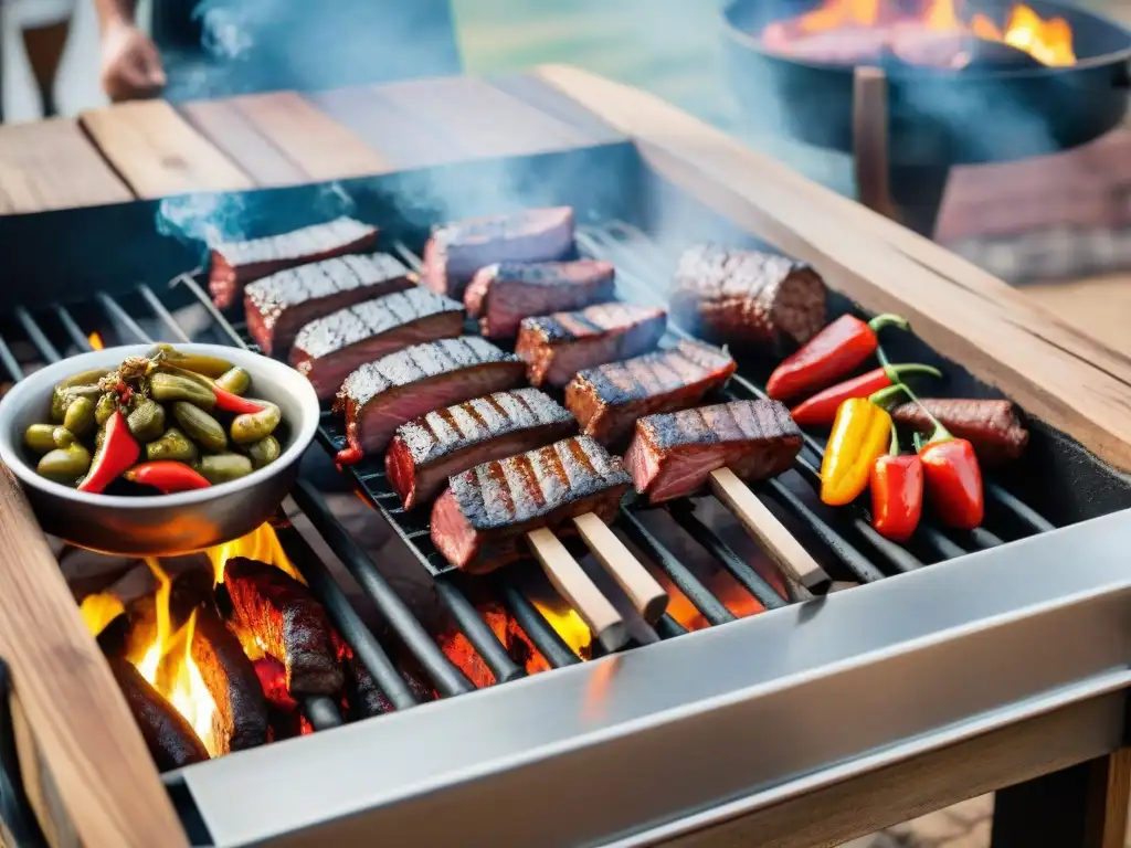 Una parrilla de asado uruguayo con cortes de carne, chorizos y pimientos asados, envueltos en humo, en una cálida puesta de sol