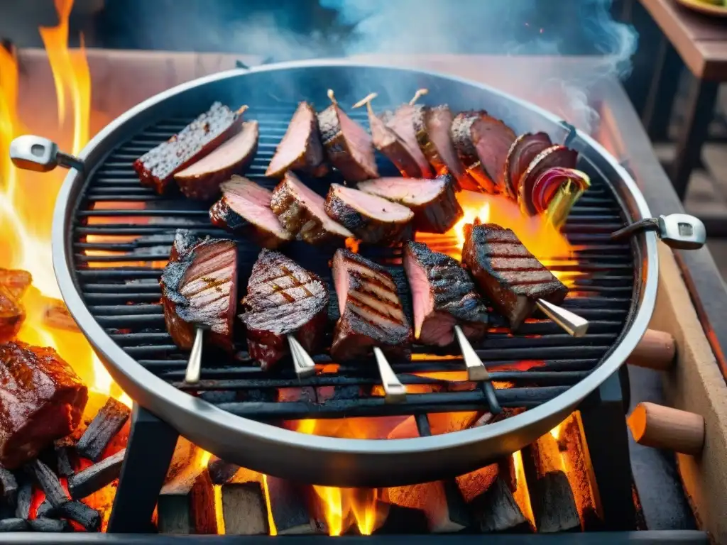 Una parrilla de asado uruguayo con cortes de carne cocinándose a la perfección sobre brasas calientes, rodeada de utensilios gauchos