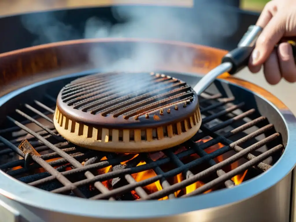 Revivir parrilla asado uruguayo: Detallada imagen de una parrilla oxidada siendo limpiada, revelando metal brillante bajo el sol