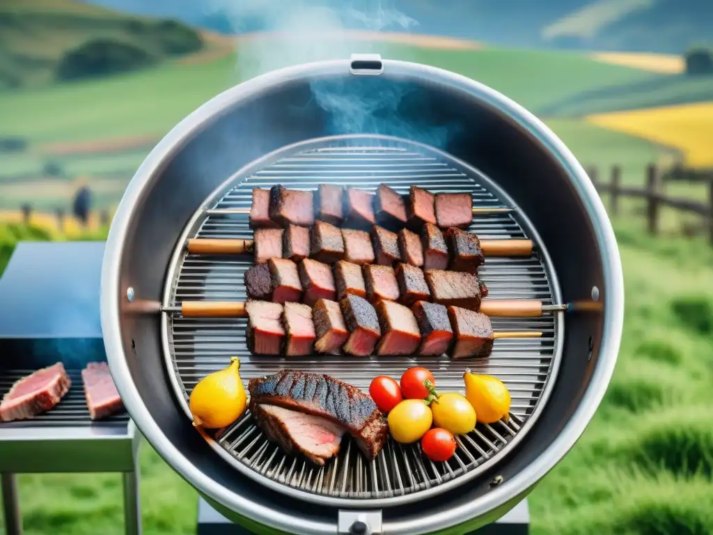 Una parrilla para asado uruguayo en un entorno campestre, amigos disfrutando de una deliciosa comida a la parrilla