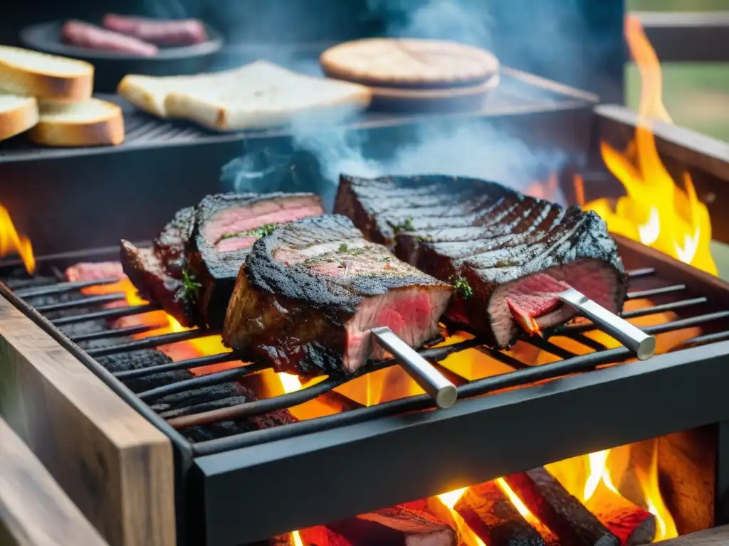 Una parrilla de asado uruguayo con entraña perfecta cocinándose sobre brasas brillantes, rodeada de chimichurri y vino Tannat