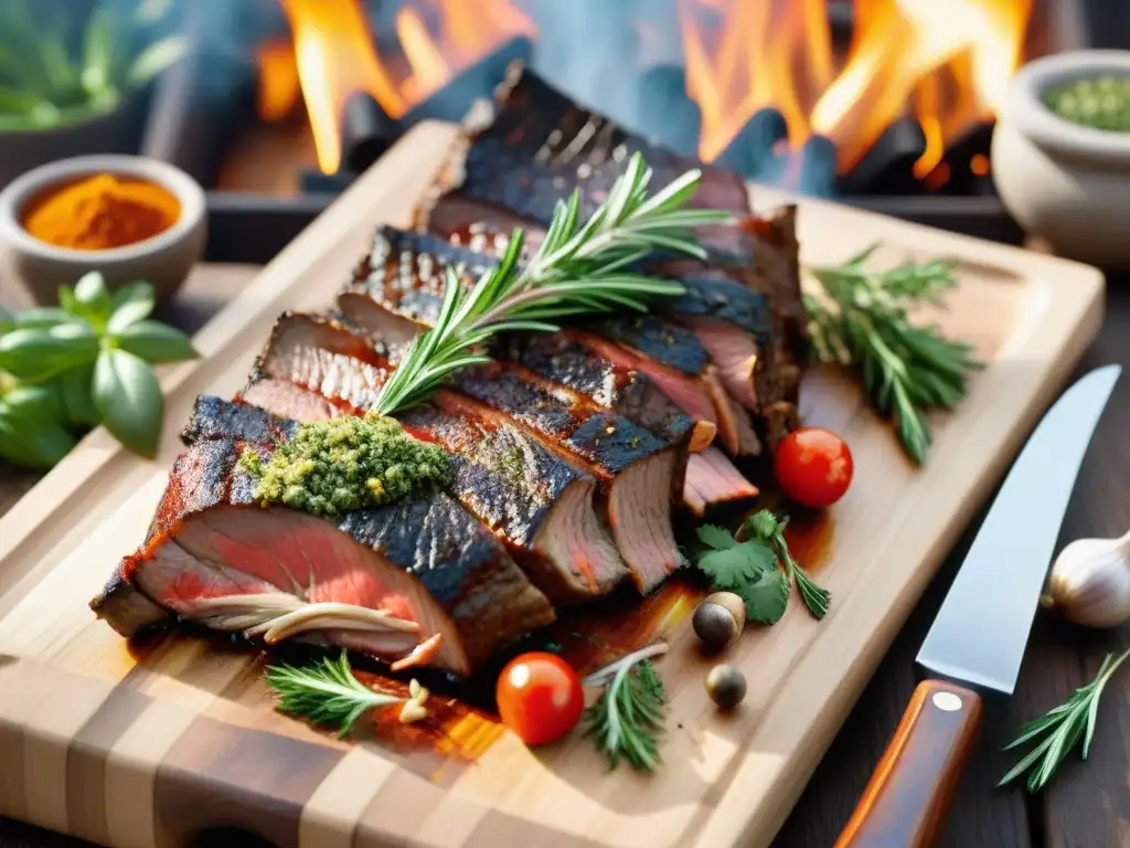 Una parrilla de asado uruguayo con las mejores especias y hierbas, creando una escena vibrante y tentadora bajo la luz cálida del sol