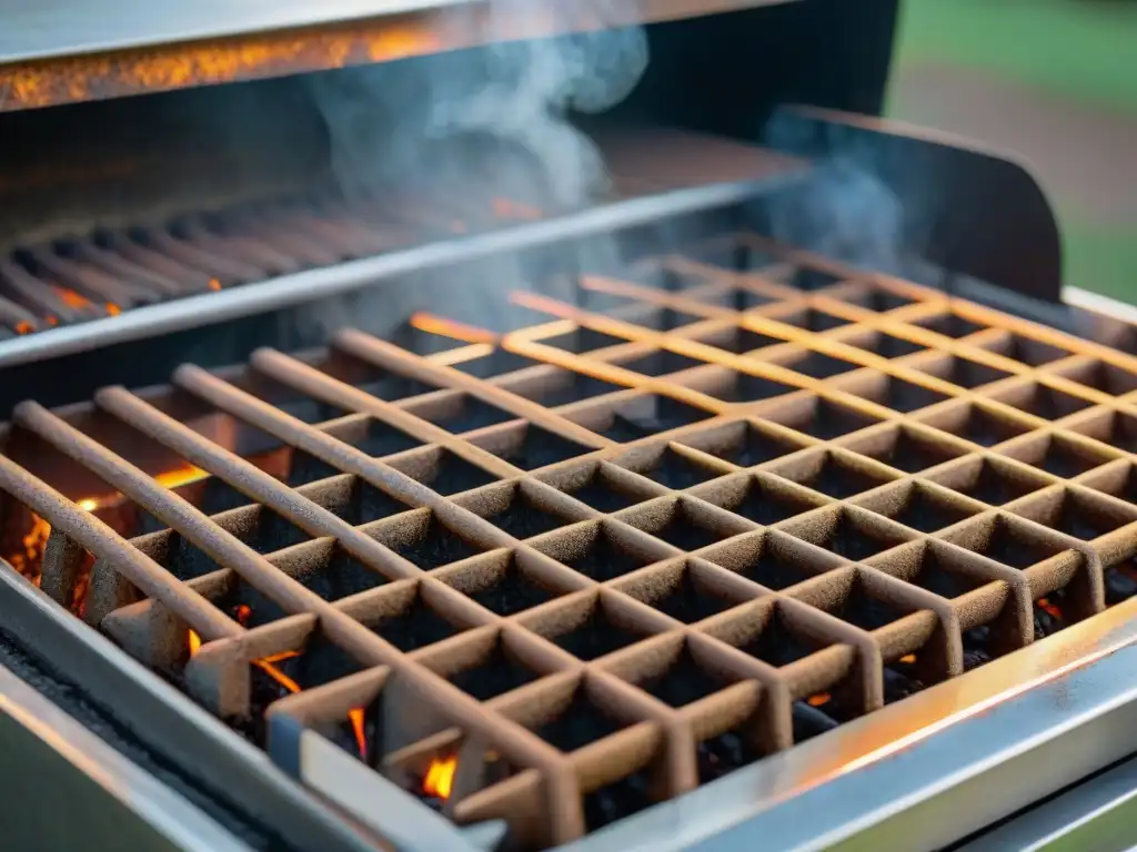 Revivir parrilla asado uruguayo: La mágica transformación de una rejilla oxidada siendo minuciosamente limpiada bajo una cálida luz dorada