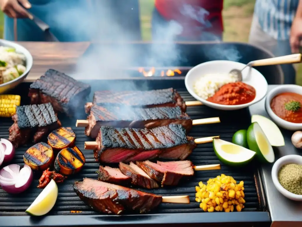 Una parrilla de asado uruguayo repleta de carne sizzling y sabores africanos, humeante