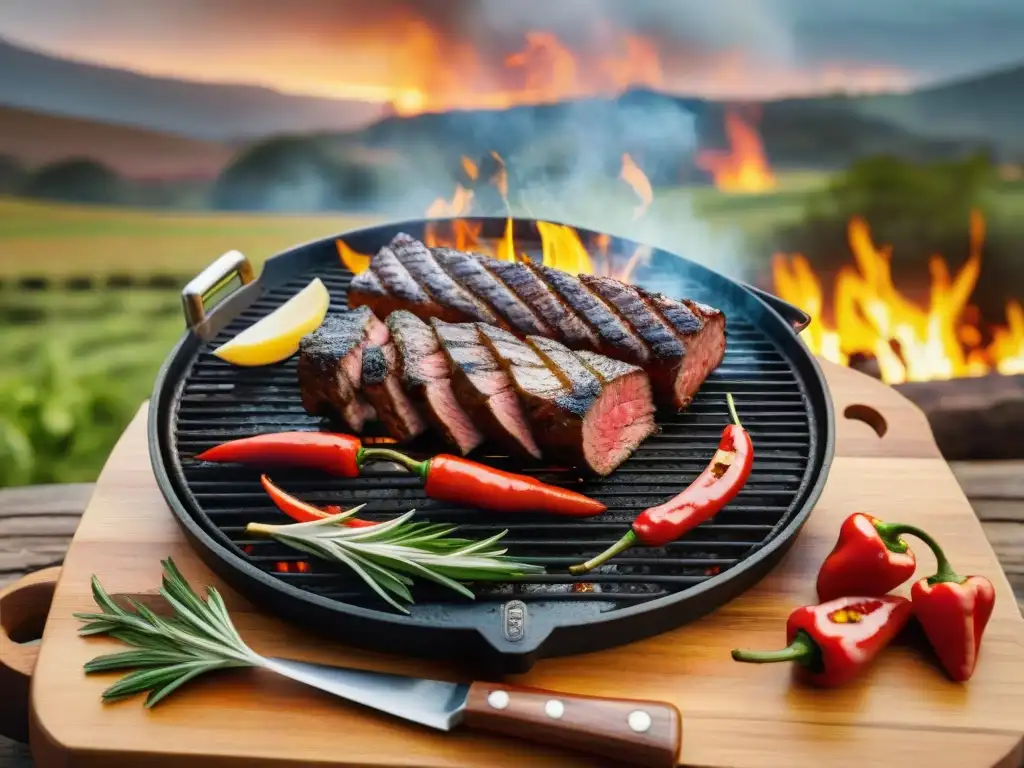 Una parrilla de asado uruguayo tradicional con cortes de carne, chorizos y pimientos, en un paisaje campestre