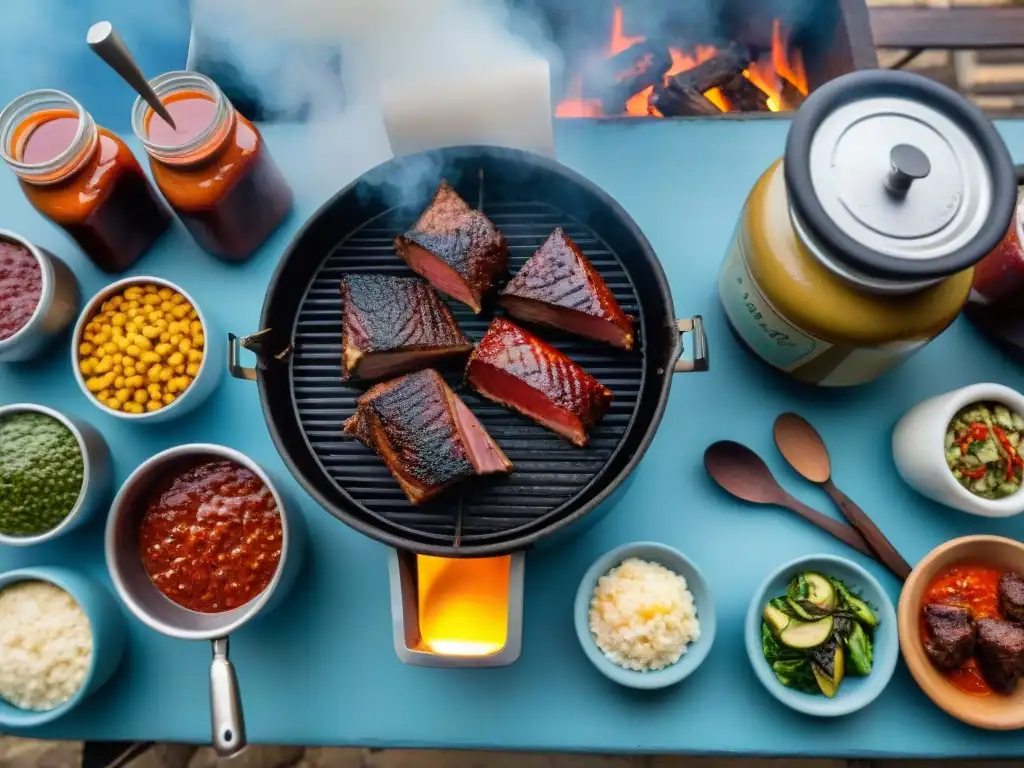 Una parrilla de asado uruguayo tradicional rodeada de coloridas salsas caseras, creando una escena apetitosa