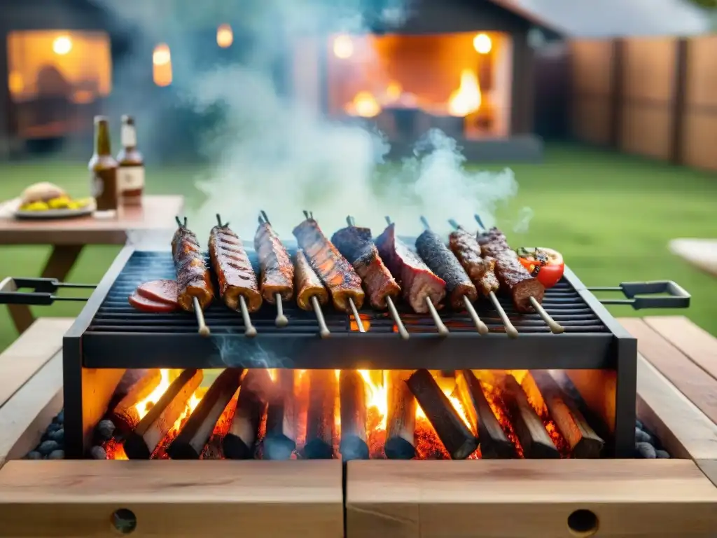 Una parrilla de asado uruguayo tradicional con carnes asadas rodeada de brasas, amigos y cervezas artesanales, en un atardecer cálido y familiar