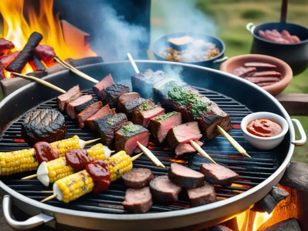 Una parrilla de asado uruguayo tradicional con cortes de carne sizzling y condimentos, en un entorno campestre con gauchos