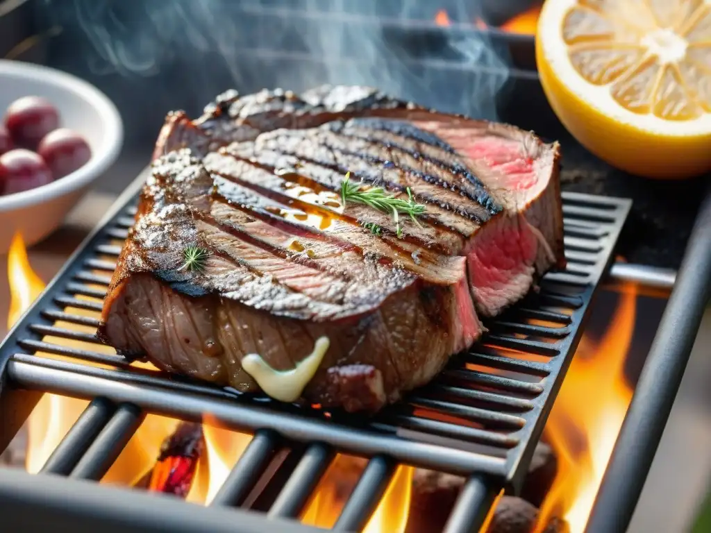 Una parrilla caliente muestra un suculento filete perfectamente sellado, rodeado de ondas de calor, en un entorno de barbacoa rústica al atardecer