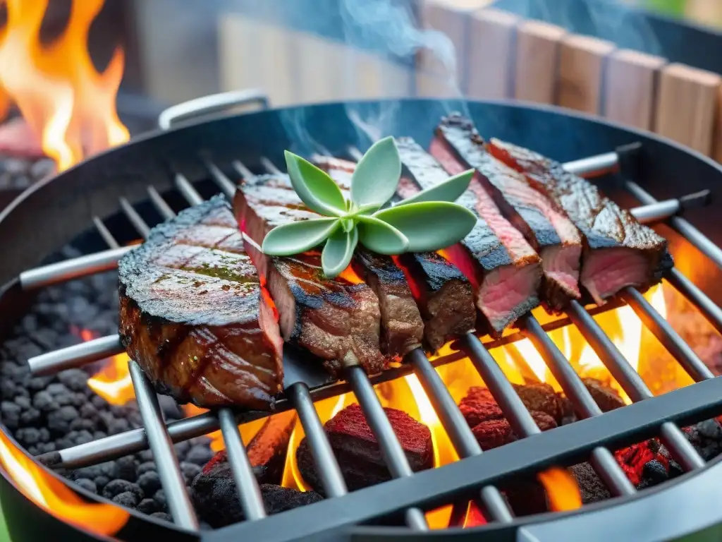 Una parrilla caliente con suculentos Morcillo asado a la perfección, listo para disfrutar en un asado uruguayo