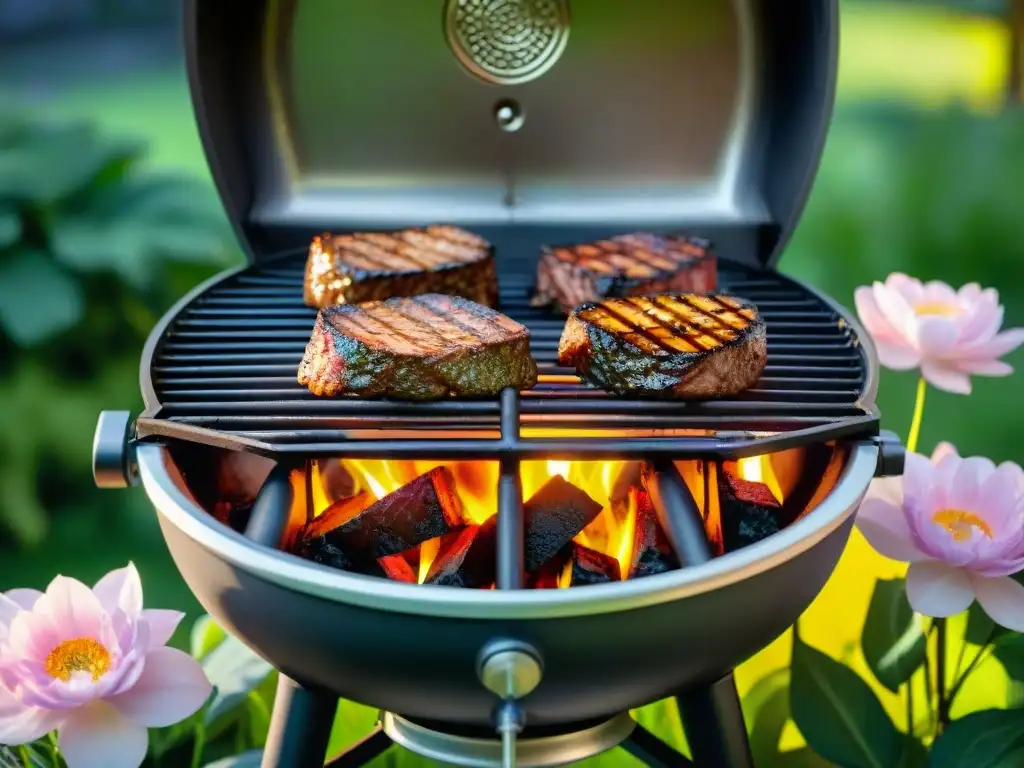 Una parrilla de carbón brillante con jugosos filetes perfectamente chamuscados, rodeada de un exuberante jardín y un arroyo