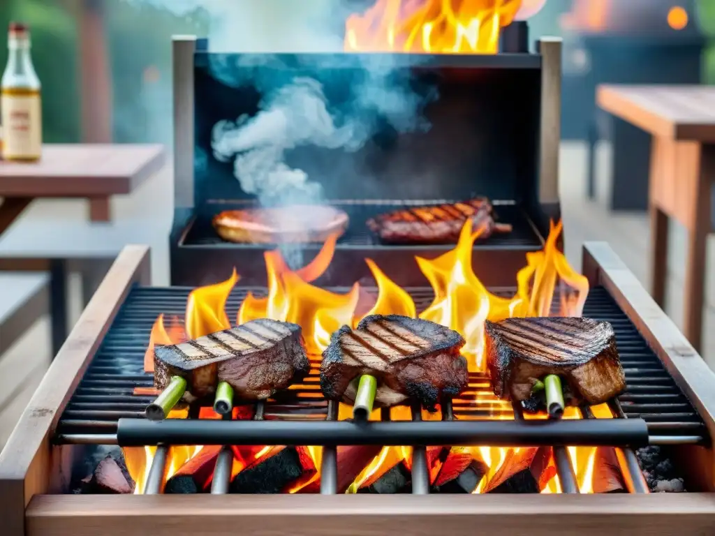 Una parrilla de carbón radiante con suculentos cortes asándose y amigos disfrutando la Filosofía del asado uruguayo superior