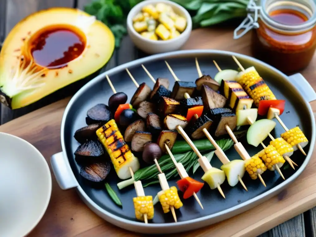 Una parrilla cargada de brochetas veganas asadas en un atardecer dorado