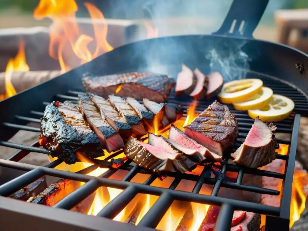 Una parrilla cargada con carne exótica para asado gourmet, expertamente sazonada y dorada a la perfección, con llamas y humo de fondo