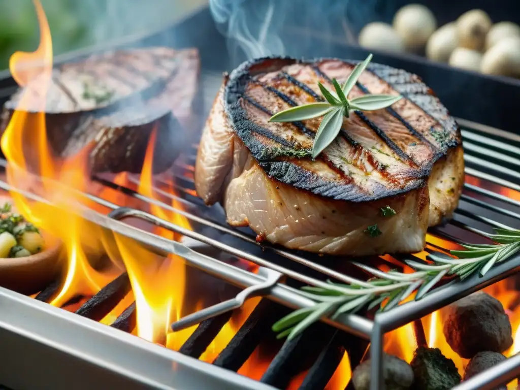 Una parrilla cargada de carne sazonada rodeada de hierbas frescas, humo y luz dorada